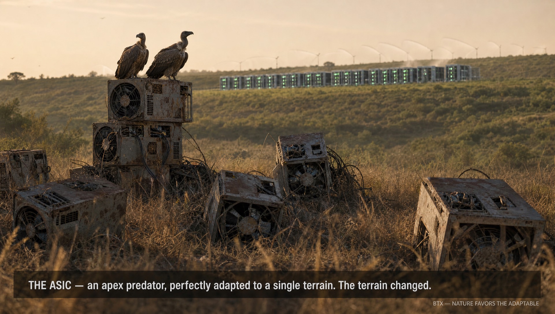 Vultures on retired ASIC miners with GPU infrastructure in the distance